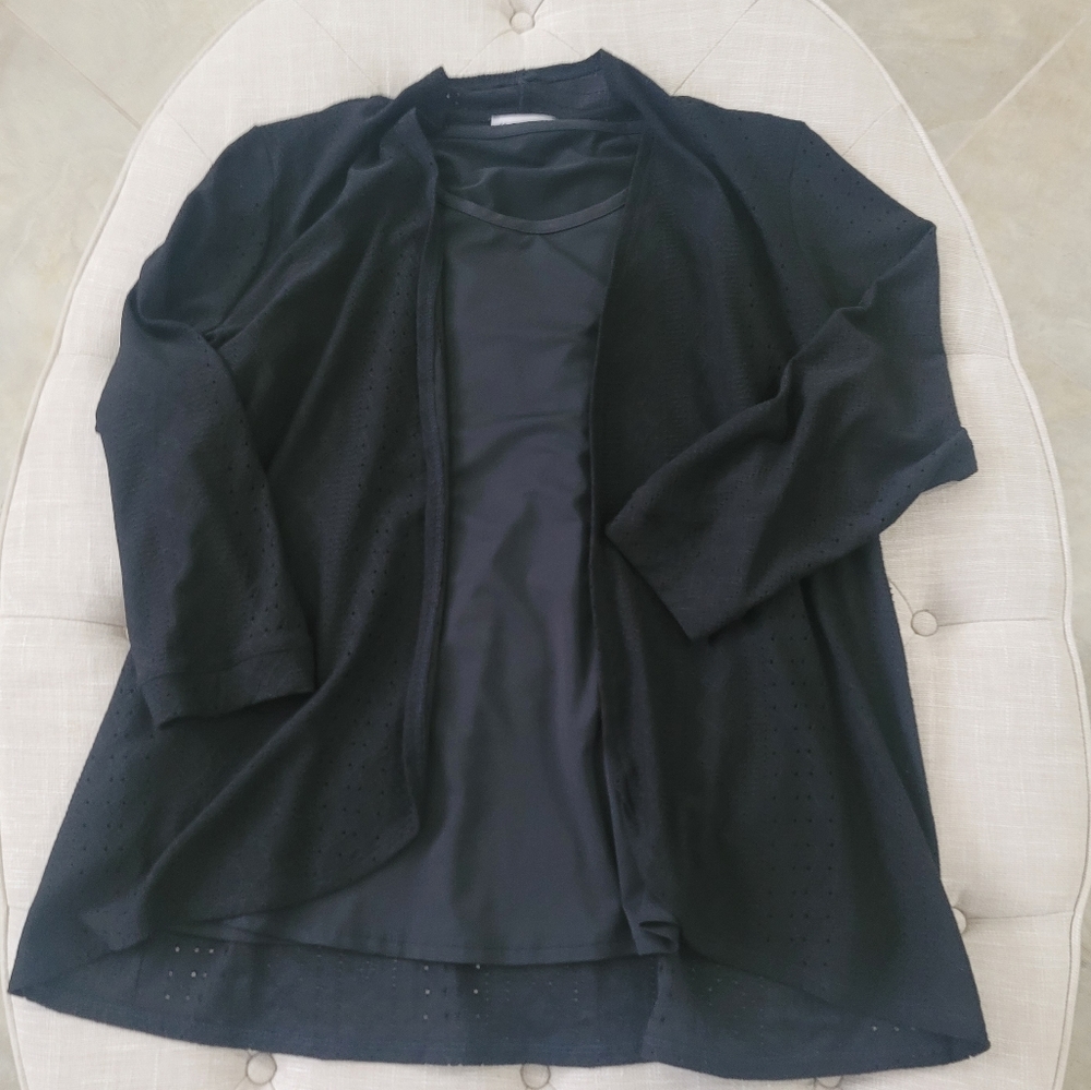 KIM ROGERS Faux Cardigan Tank Attached XL 2fer Black Sweater Tank Top
